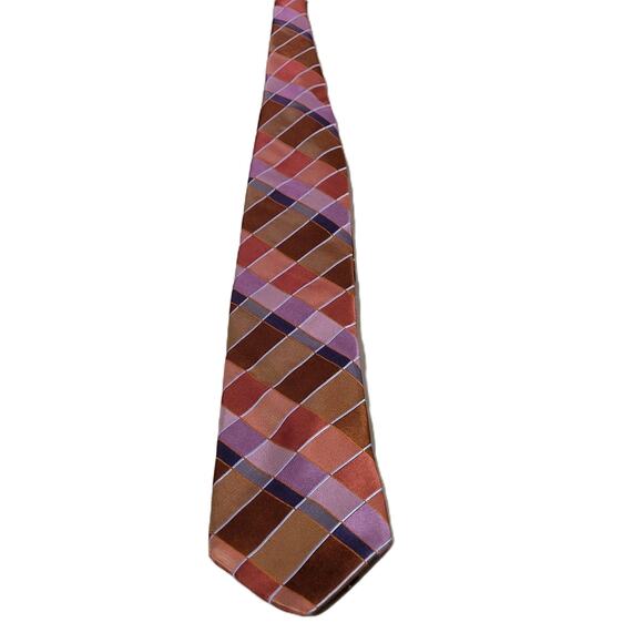 Ike Behar Mens Tie Rust Purple Blue Tan Check Woven Silk Necktie Dressy Career - Picture 3 of 7